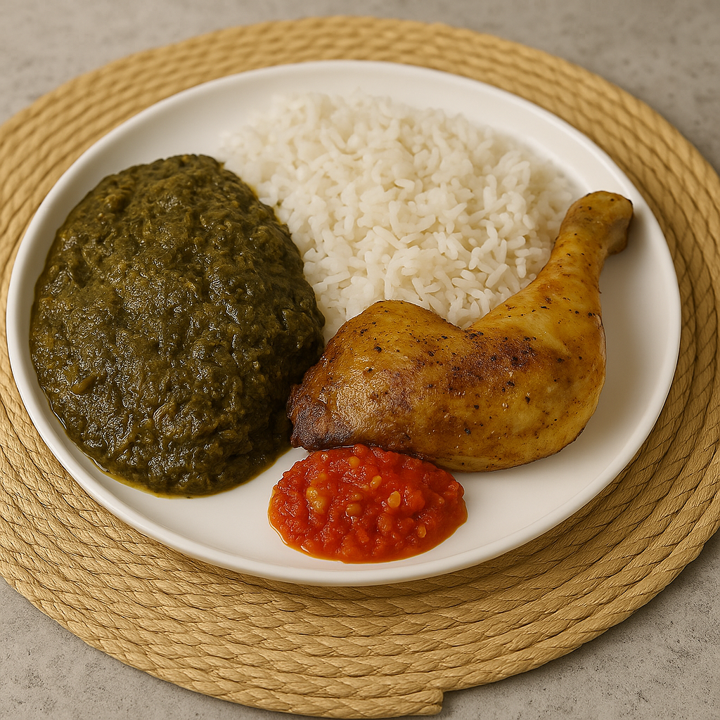 Pondu, Riz & Cuisse de Poulet Grillé + Pili-Pili